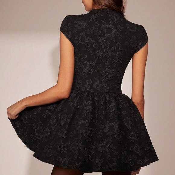 Black Women's Romantic Floral Jacquard Waist Cinching Short Sleeves Mini dress - Picture 7 of 7